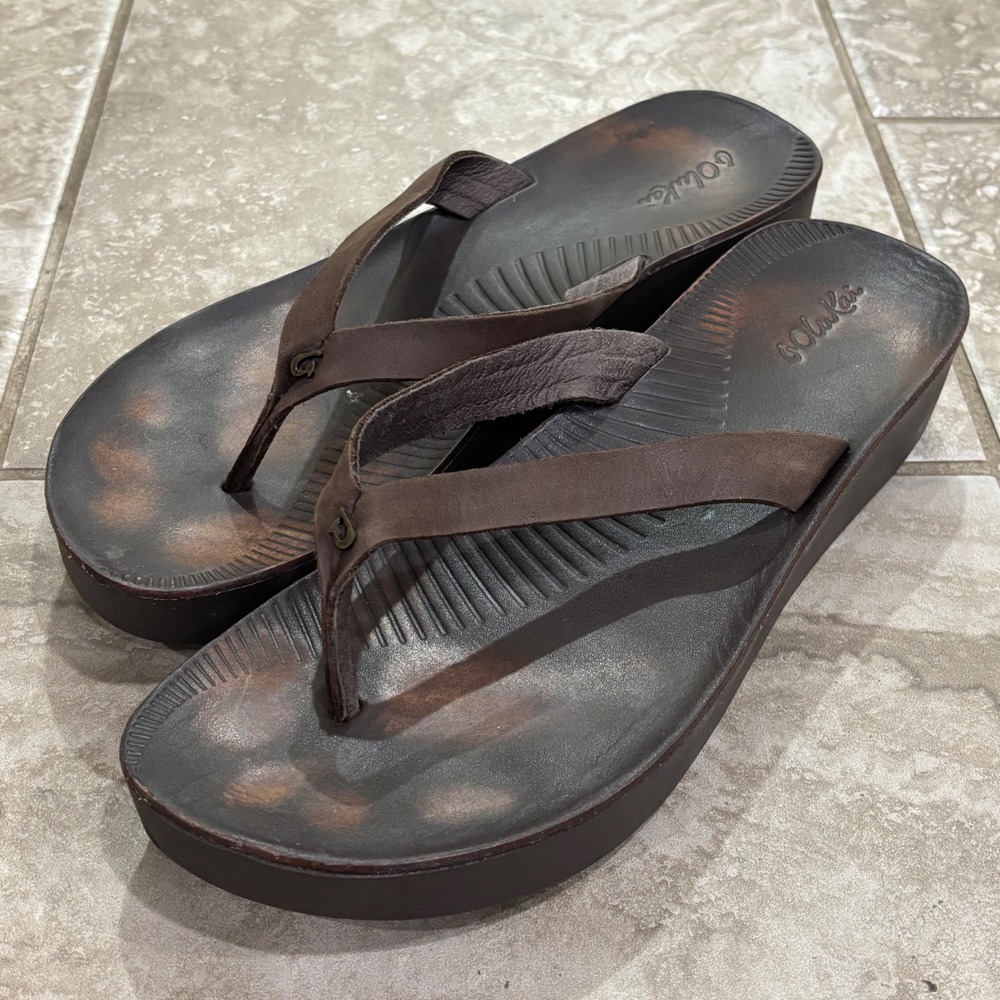 OluKai Ao Loa Brown Leather Platform Thong Sandals Womens 11 20412-4848